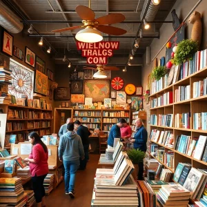 Interior view of Book Cycle, a free bookstore in Houston, showing shelves filled with books.