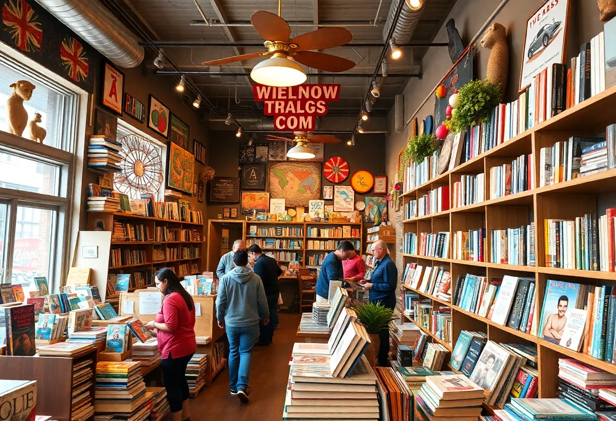 Interior view of Book Cycle, a free bookstore in Houston, showing shelves filled with books.