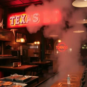 A bustling Texas barbecue joint showcasing delicious smoked meats.