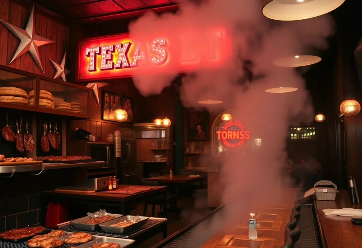 A bustling Texas barbecue joint showcasing delicious smoked meats.