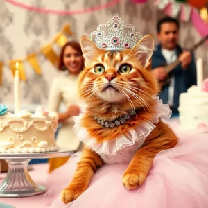 A colorful scene from a quinceañera celebration for a cat, showing festive decorations and a lavish cake.