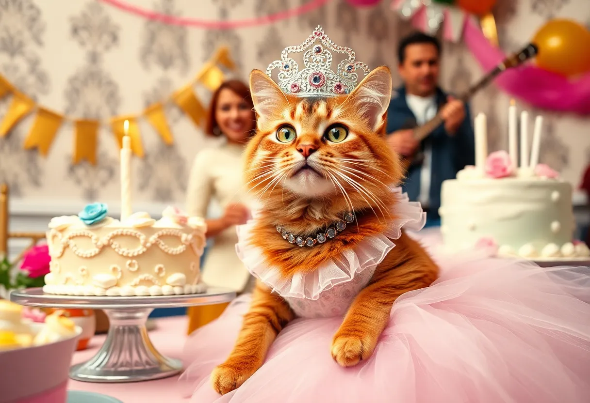 A colorful scene from a quinceañera celebration for a cat, showing festive decorations and a lavish cake.