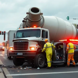 Cement truck accident scene with emergency services in Houston