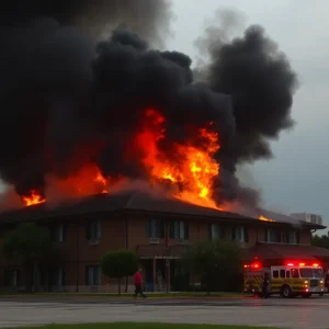 Fire engulfing the Fairfield Inn & Suites in Channelview, Texas