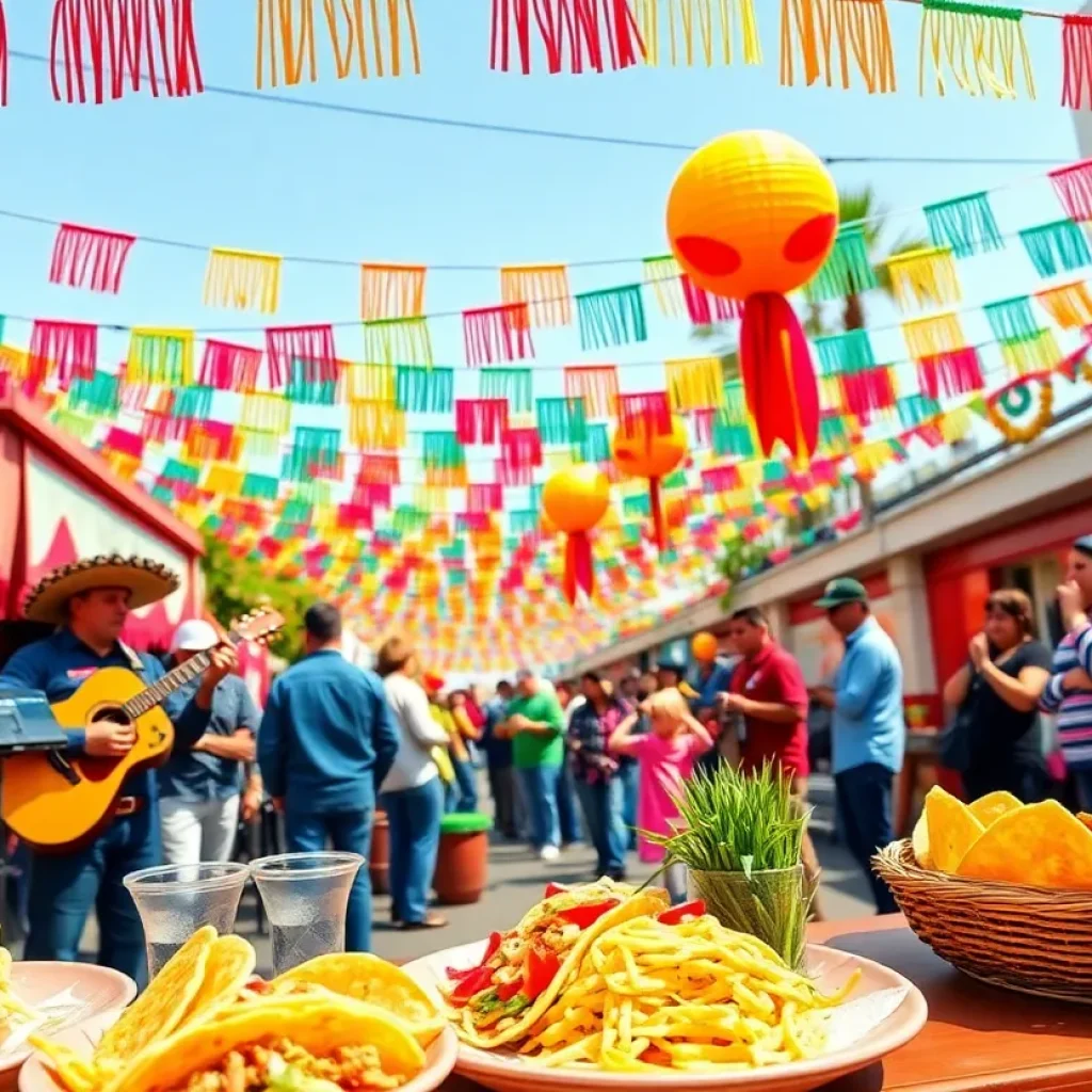 Colorful Cinco de Mayo celebration with food, music, and decorations