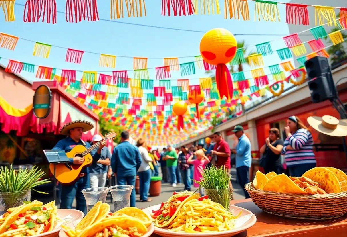 Colorful Cinco de Mayo celebration with food, music, and decorations