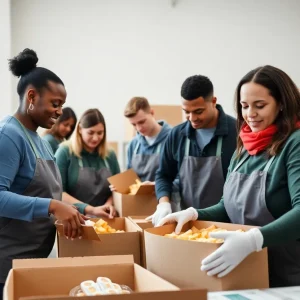 Volunteers packing food boxes at CLS Health community service event