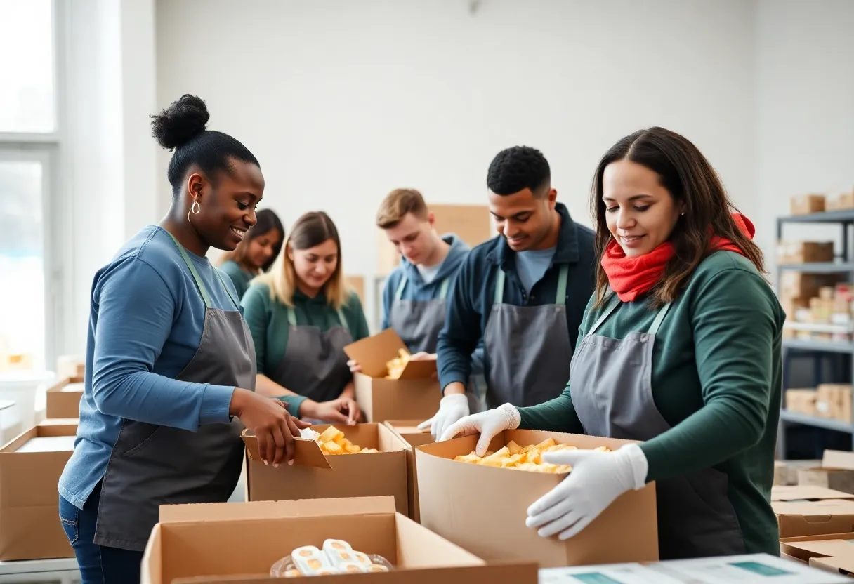Volunteers packing food boxes at CLS Health community service event