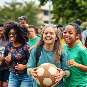 A diverse group of individuals engaged in community activities celebrating friendship and inclusion.
