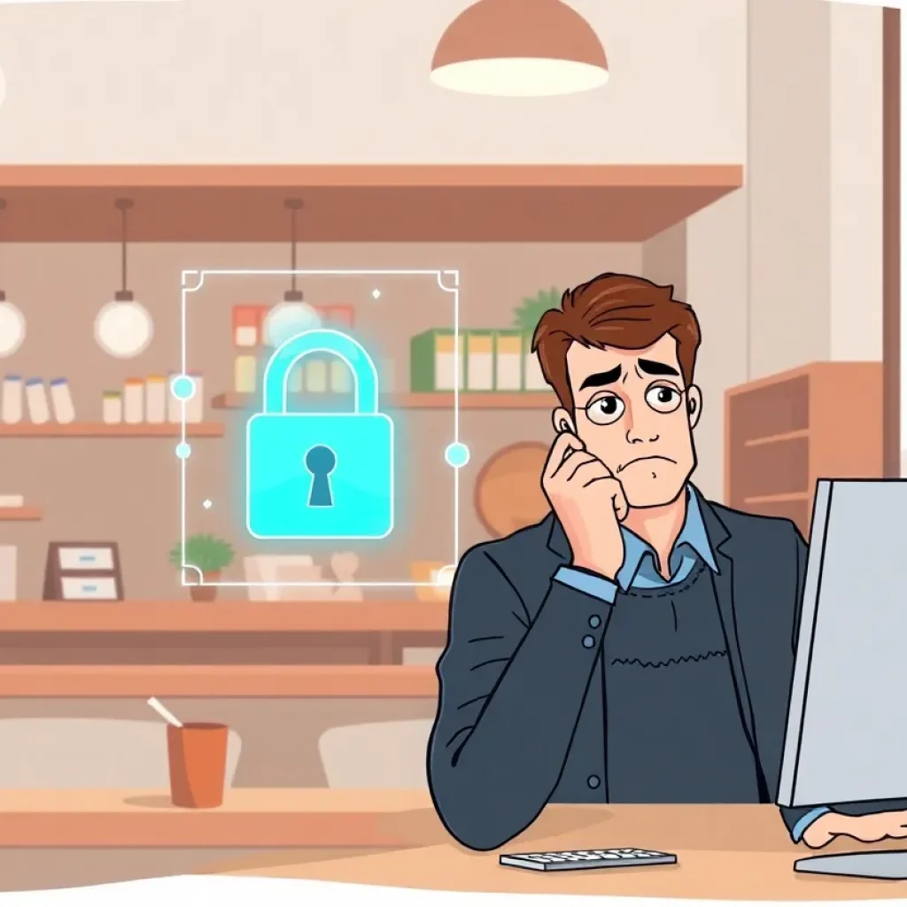 A cafe with a digital lock symbolizing cybersecurity measures.