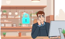 A cafe with a digital lock symbolizing cybersecurity measures.