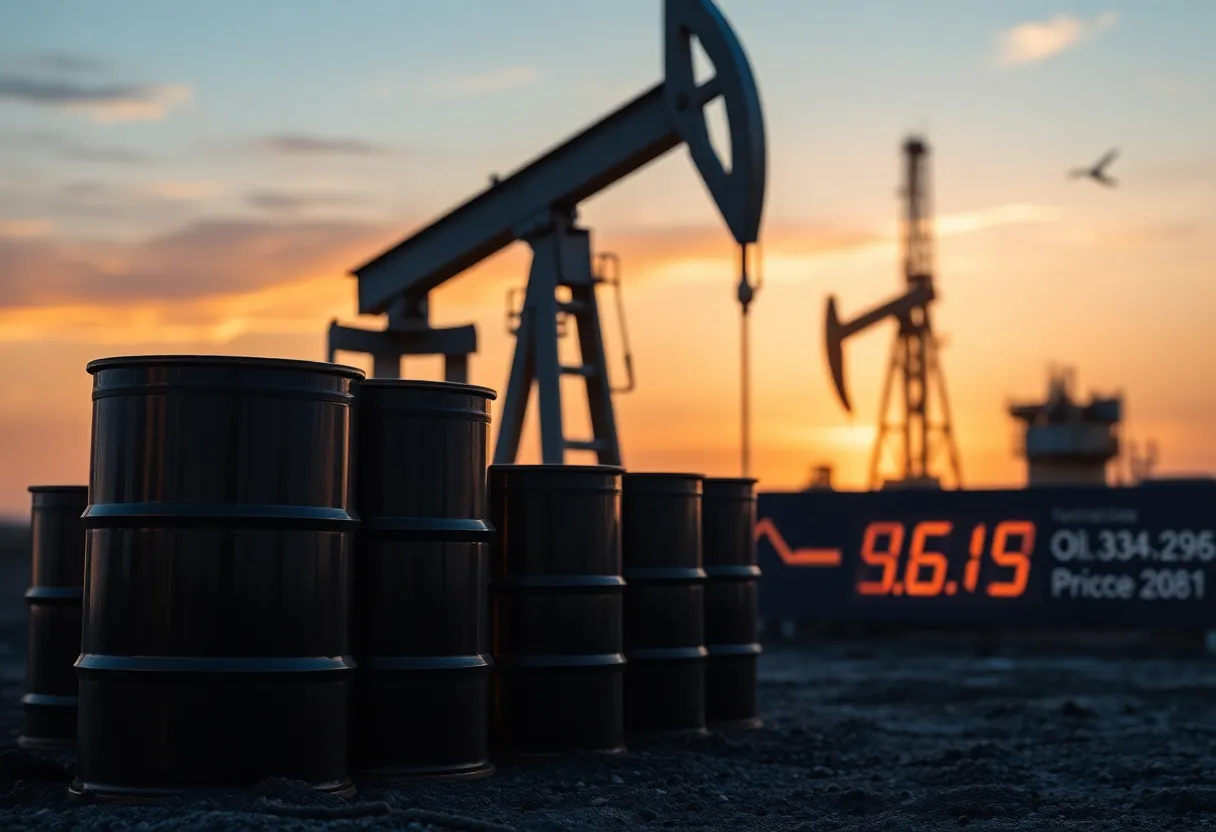 Visual representation of declining U.S. crude oil prices with oil barrels and a price chart.