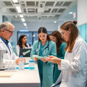 Interior of a modern dementia research institute with researchers collaborating.