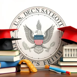 Symbolic imagery representing education funding and workforce cuts.