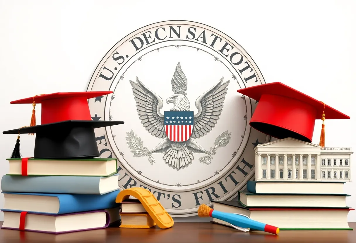 Symbolic imagery representing education funding and workforce cuts.