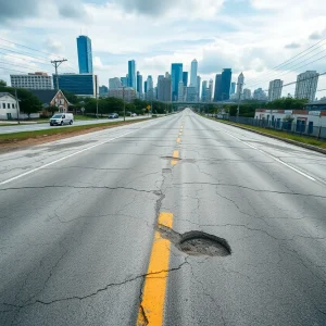 A view of a deteriorating urban road in Houston with visible cracks and potholes.