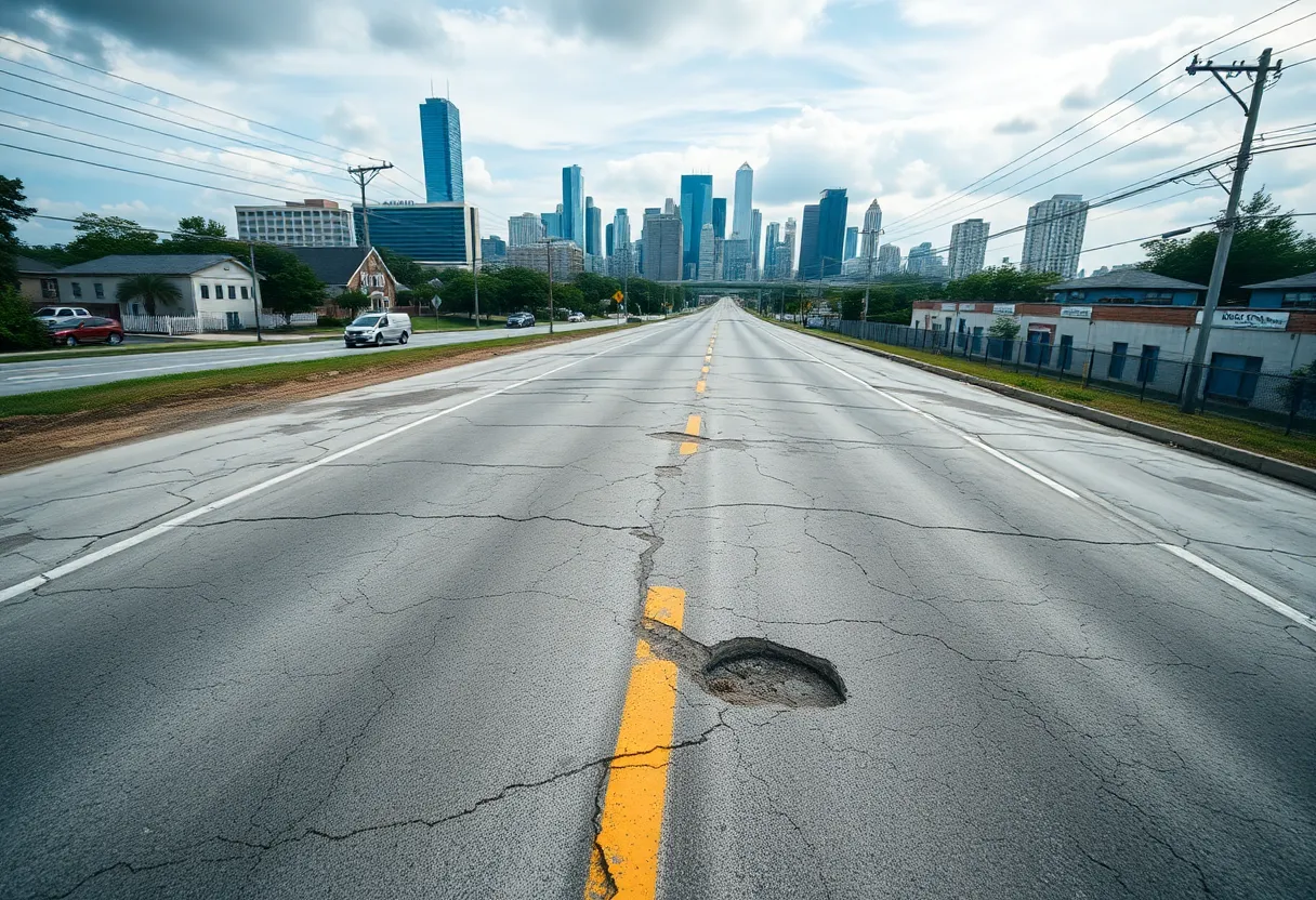 A view of a deteriorating urban road in Houston with visible cracks and potholes.