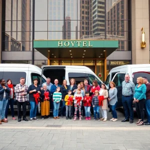 Families celebrating the donation of accessible vans outside The Post Oak Hotel.