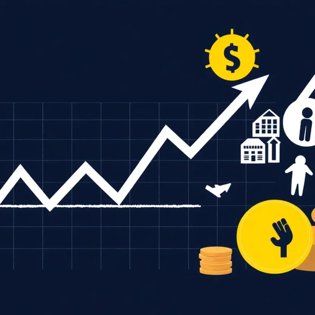 Illustration depicting economic uncertainty with fluctuating graph and tariffs icons.