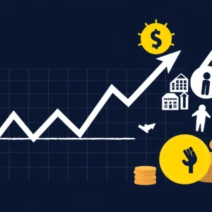 Illustration depicting economic uncertainty with fluctuating graph and tariffs icons.