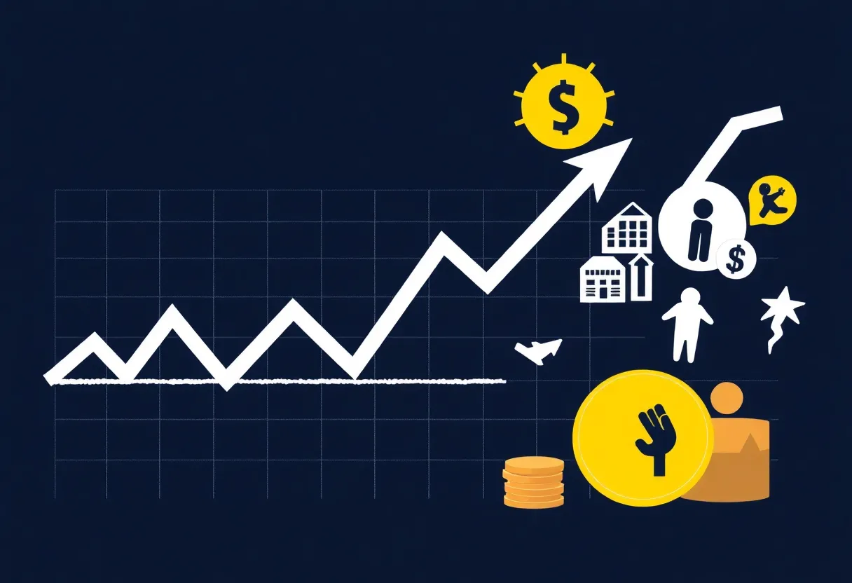 Illustration depicting economic uncertainty with fluctuating graph and tariffs icons.