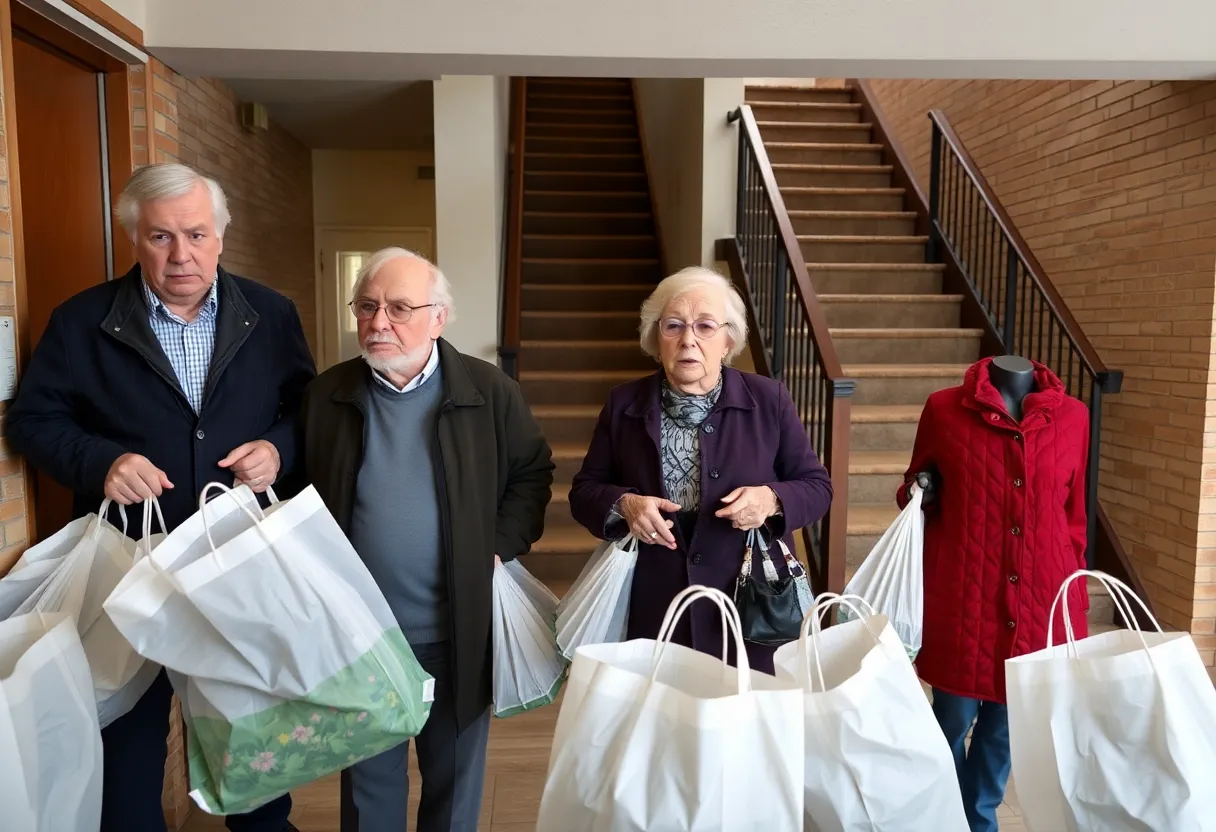 Elderly residents at an apartment complex dealing with elevator issues.