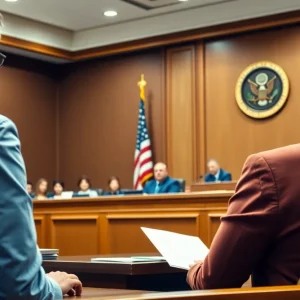 Federal courtroom with a judge and legal documents