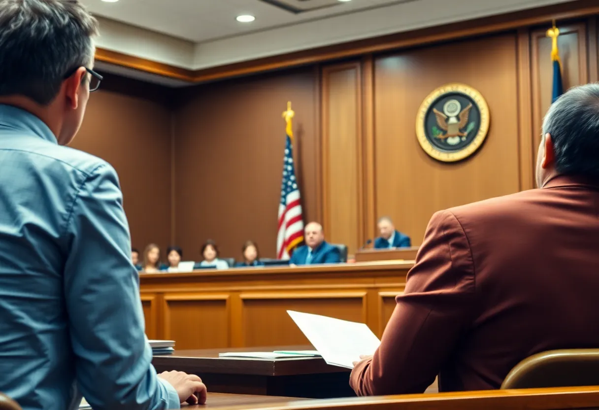 Federal courtroom with a judge and legal documents