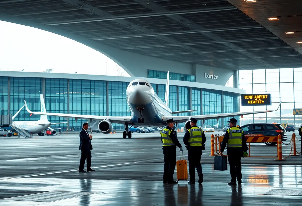 Airport scene with police presence during a flight diversion