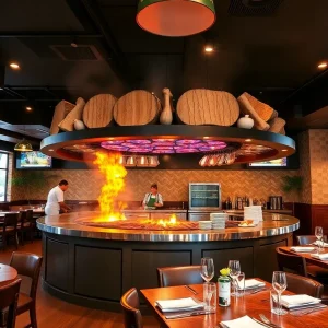 Interior view of Fogo de Chão Katy highlighting the 360-degree kitchen and dining area.