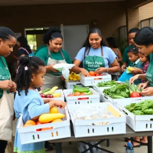 Volunteers distributing fresh fruits and vegetables to families at Herrera Elementary School.