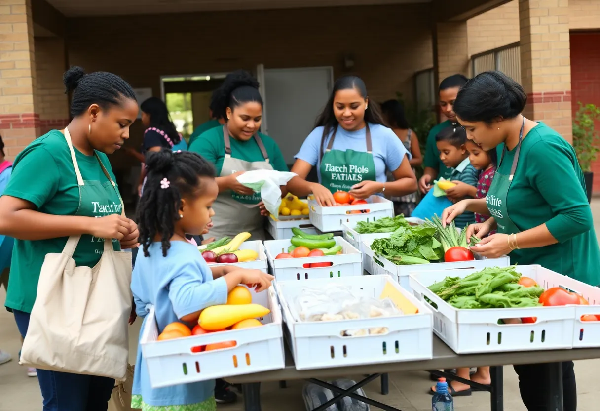 Volunteers distributing fresh fruits and vegetables to families at Herrera Elementary School.