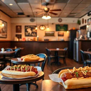 The interior of Good Dog Houston restaurant showcasing empty tables and gourmet hot dogs.