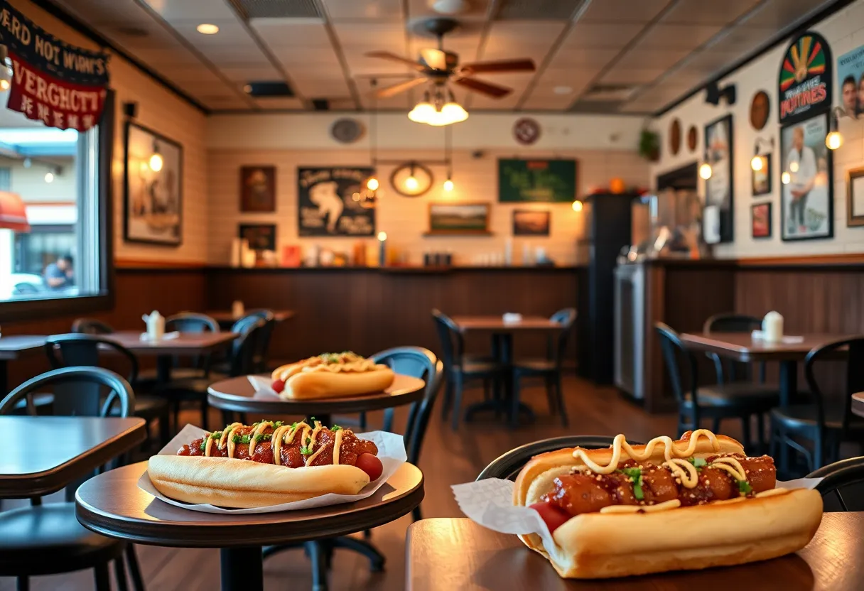 The interior of Good Dog Houston restaurant showcasing empty tables and gourmet hot dogs.
