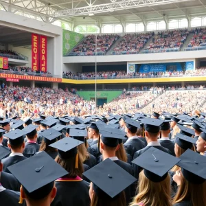 Students celebrating at a graduation ceremony in Houston