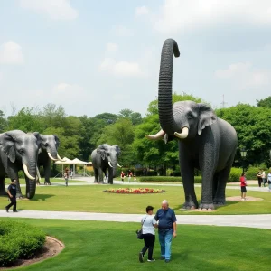 Life-sized elephant sculptures displayed in Hermann Park