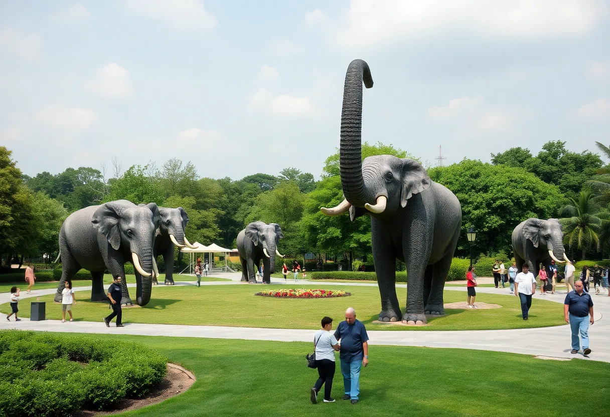 Life-sized elephant sculptures displayed in Hermann Park