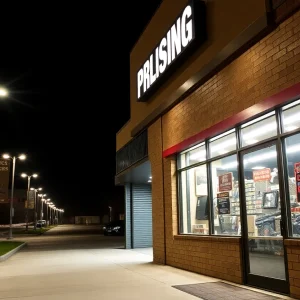 Exterior view of a gun store with security measures visible at night