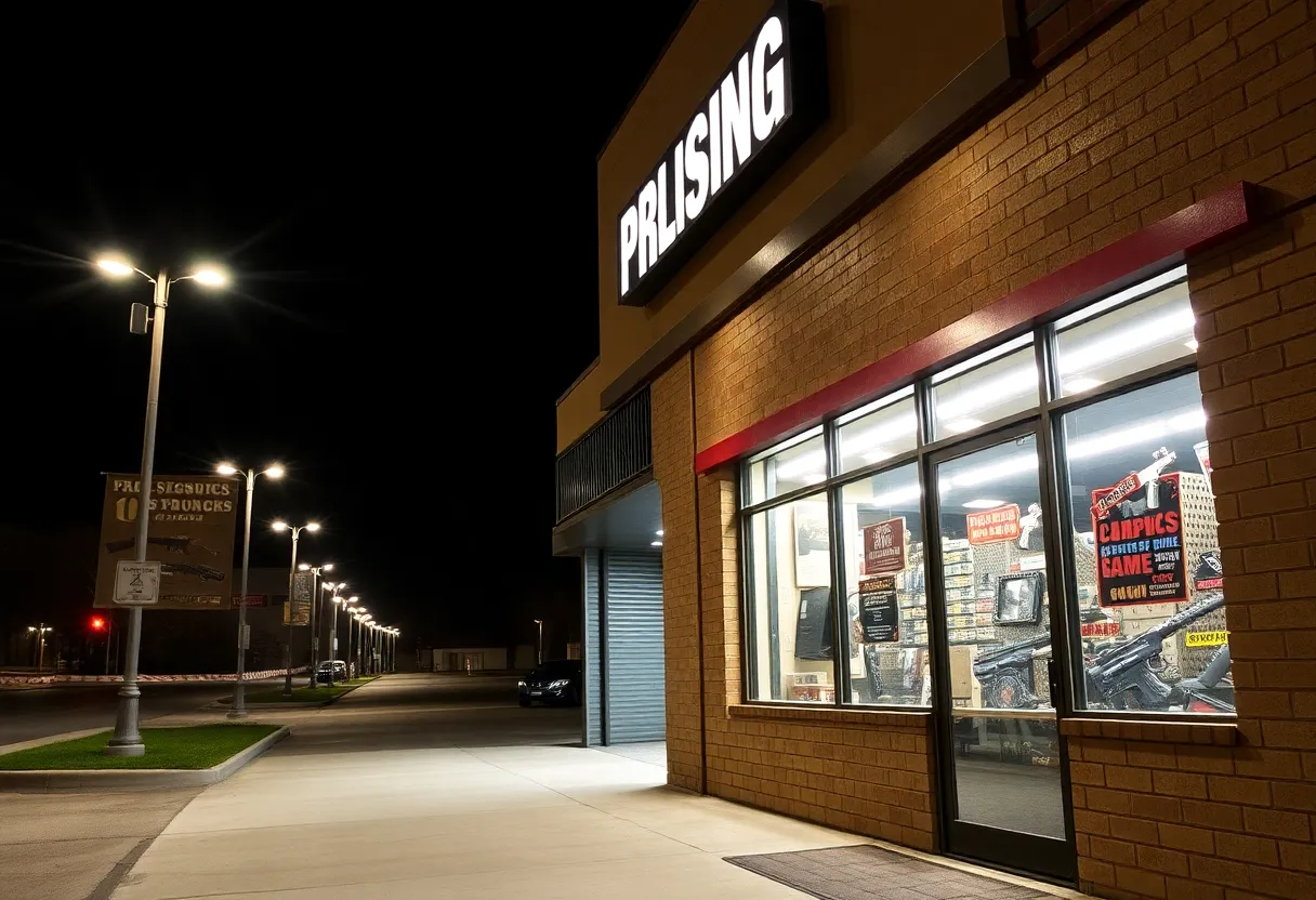 Exterior view of a gun store with security measures visible at night