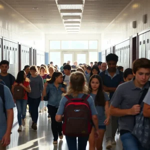 Students leaving Heights High School during early dismissal
