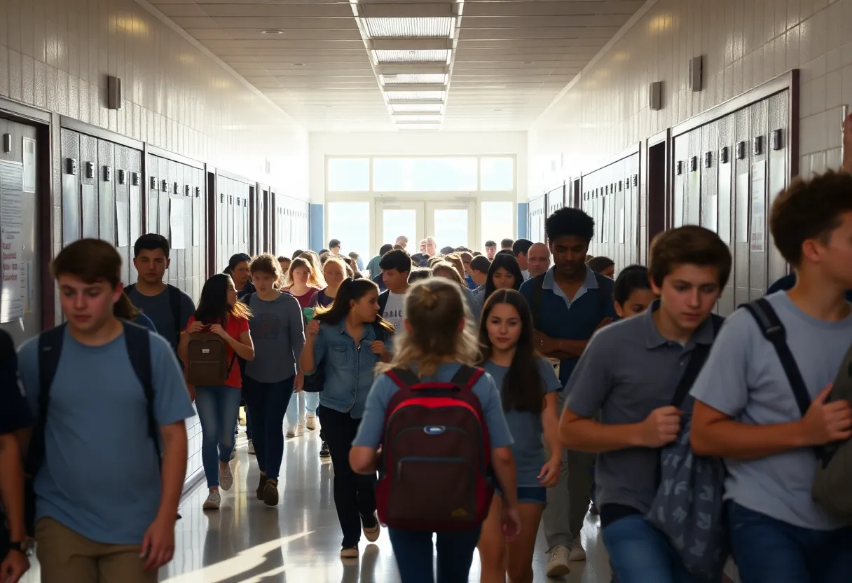 Students leaving Heights High School during early dismissal