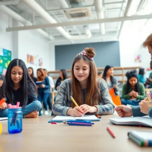 Students actively engaged in academic and artistic activities at a high school in Houston.