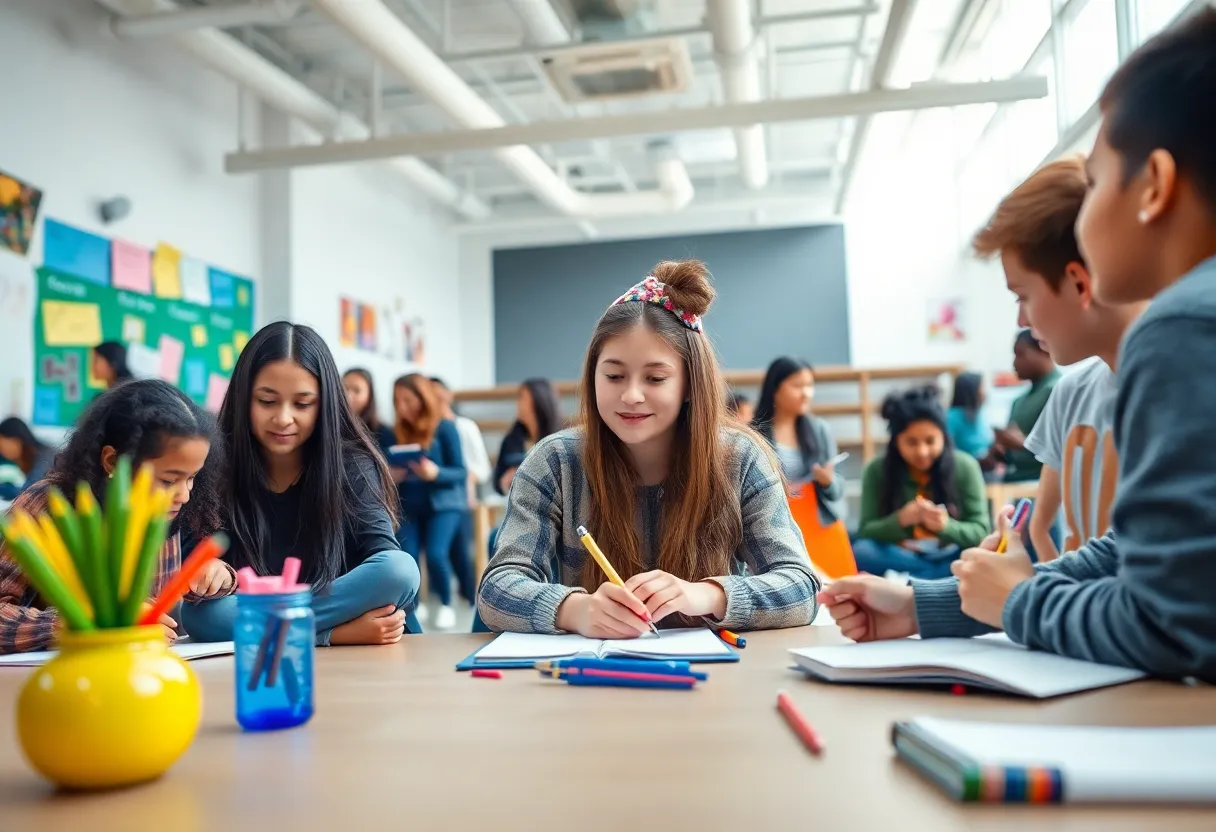 Students actively engaged in academic and artistic activities at a high school in Houston.