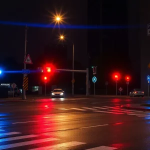 Intersection in Houston with police lights indicating an accident scene
