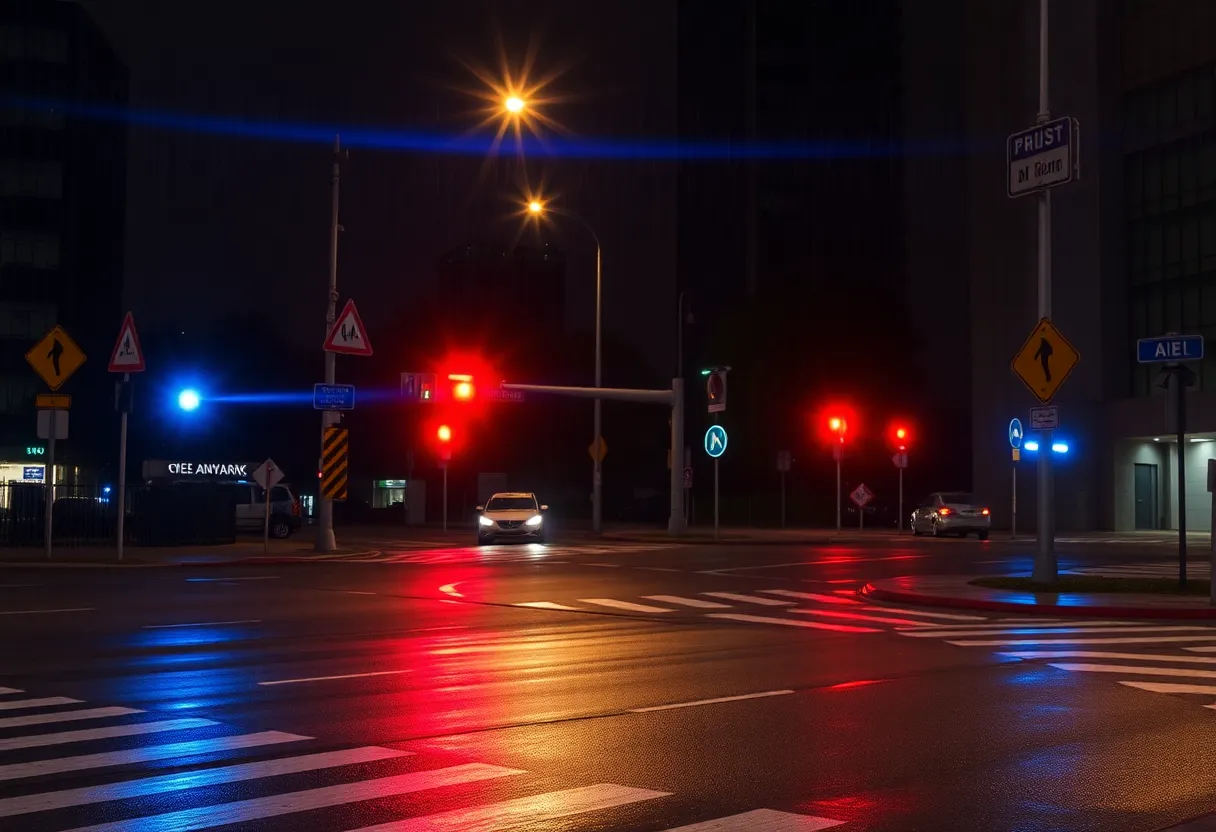 Intersection in Houston with police lights indicating an accident scene