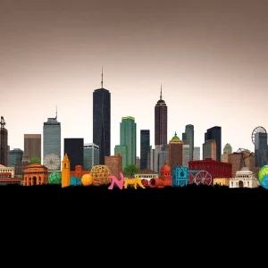 Artistic representation of Houston skyline and cultural elements.