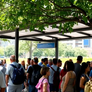 Busy bus shelter in Houston with people waiting in extreme heat and limited relief.