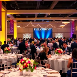 A charity gala event in Houston with guests, tables, and decorations