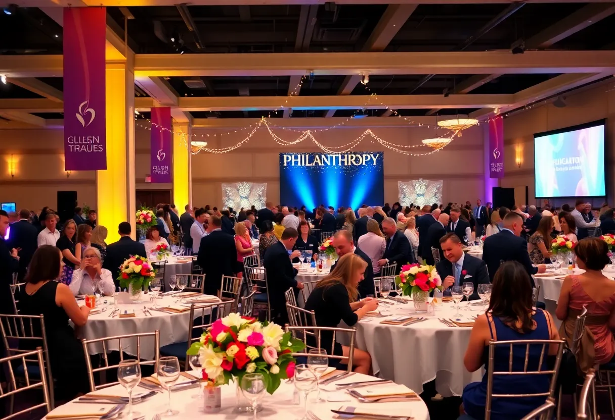 A charity gala event in Houston with guests, tables, and decorations