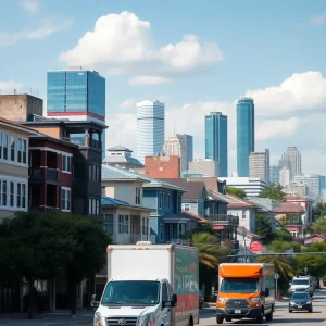 Cityscape of Houston with moving trucks